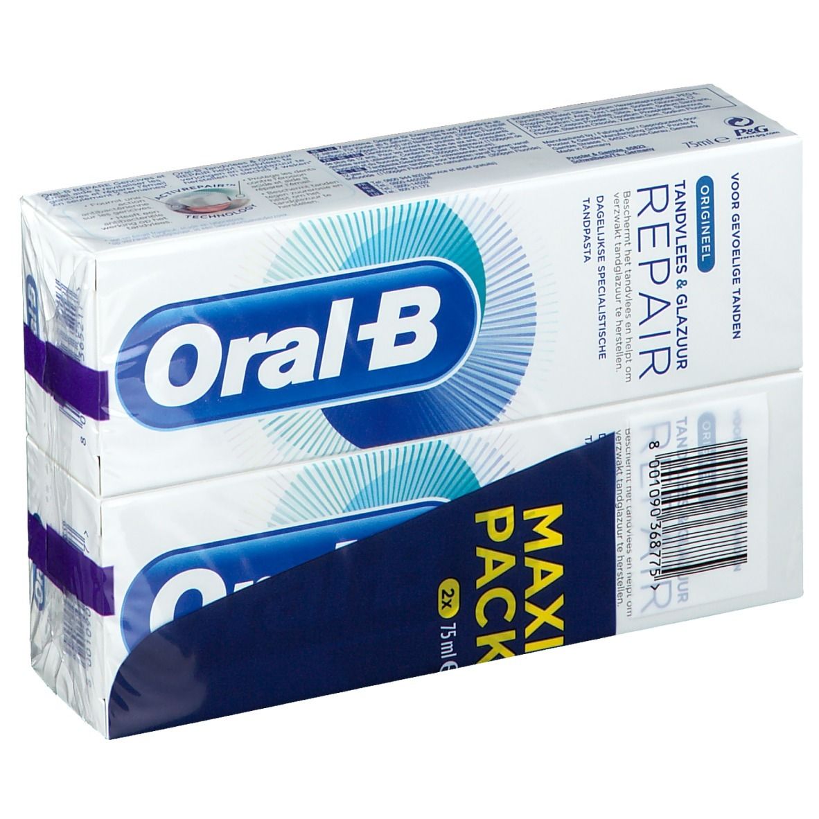 Deux paquets de dentifrice emballés. Inscription : Oral-B, Maxi Pack, Répare les gencives et l'émail. Pour dents sensibles.