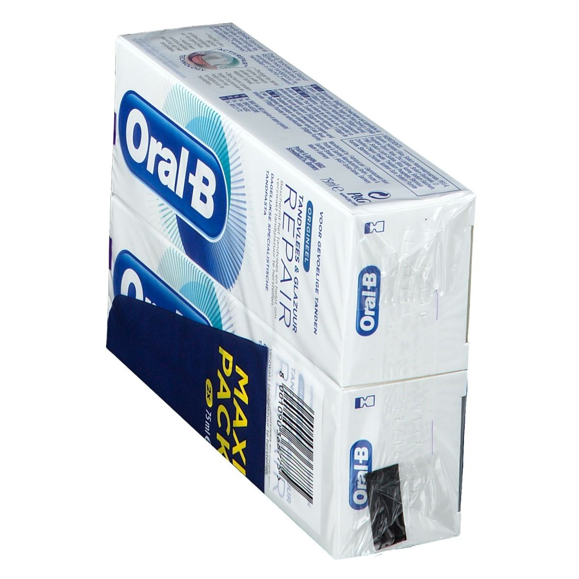 Deux paquets de dentifrice emballés. Inscription : Oral-B, Maxi Pack, Répare les gencives et l'émail. Pour dents sensibles.