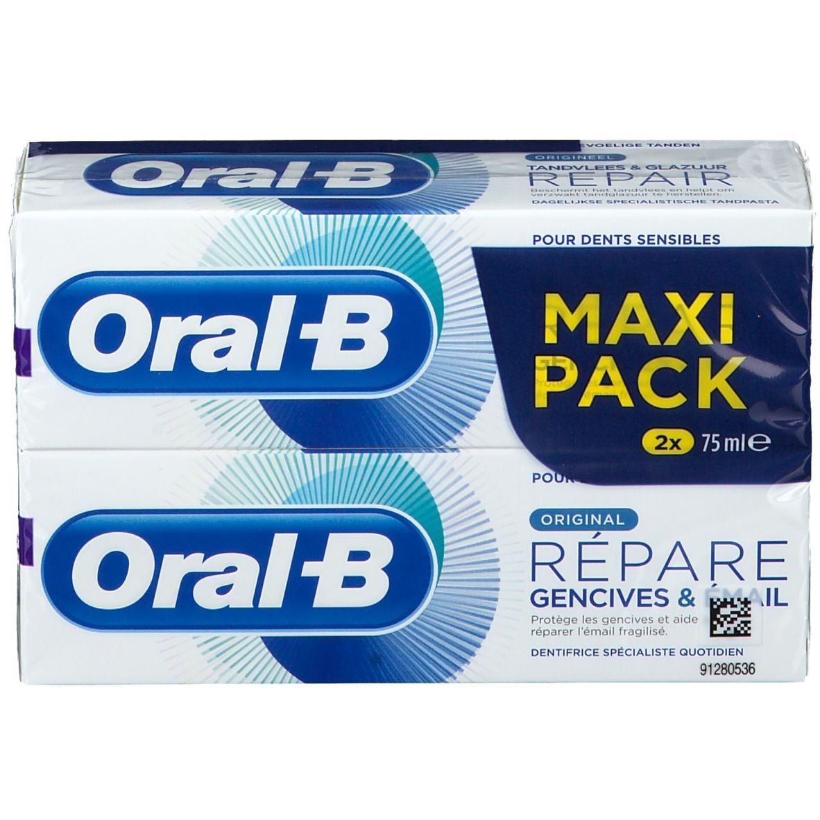 Deux paquets de dentifrice emballés. Inscription : Oral-B, Maxi Pack, Répare les gencives et l'émail. Pour dents sensibles.