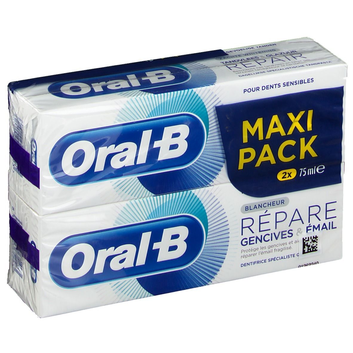 Twee pakken tandpasta van Oral-B. Opschrift: Maxi Pack, Herstelt tandvlees & glazuur. Witte en blauwe verpakking.