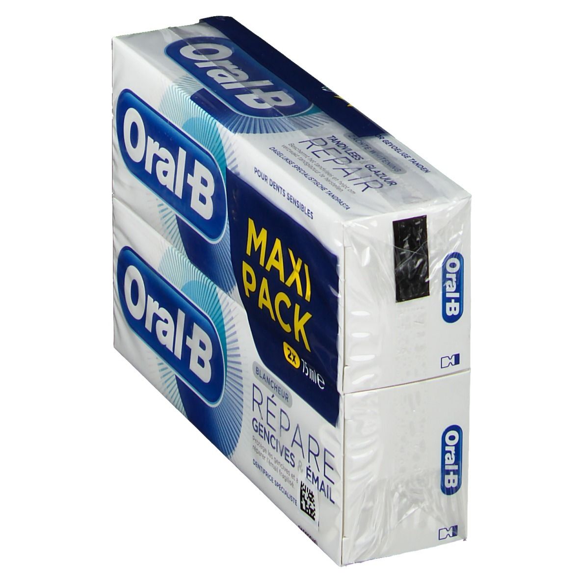 Twee pakken tandpasta van Oral-B. Opschrift: Maxi Pack, Herstelt tandvlees & glazuur. Witte en blauwe verpakking.