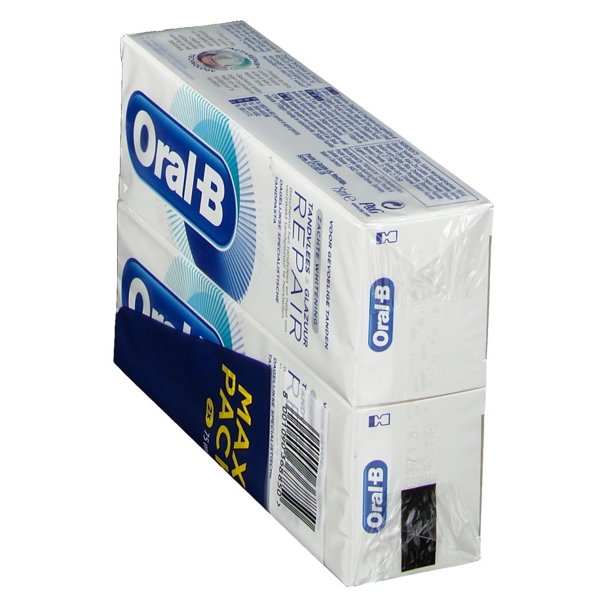 Twee pakken tandpasta van Oral-B. Opschrift: Maxi Pack, Herstelt tandvlees & glazuur. Witte en blauwe verpakking.