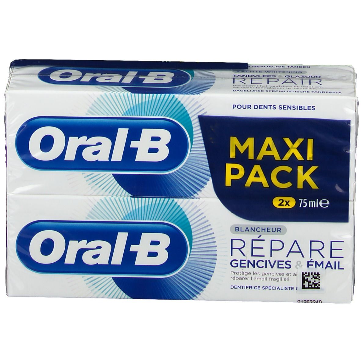 Twee pakken tandpasta van Oral-B. Opschrift: Maxi Pack, Herstelt tandvlees & glazuur. Witte en blauwe verpakking.