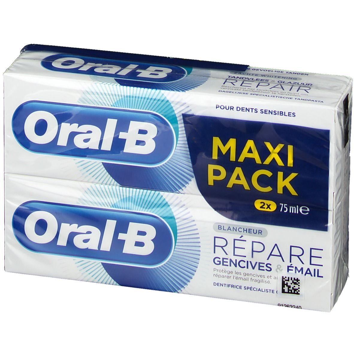 Twee pakken tandpasta van Oral-B. Opschrift: Maxi Pack, Herstelt tandvlees & glazuur. Witte en blauwe verpakking.