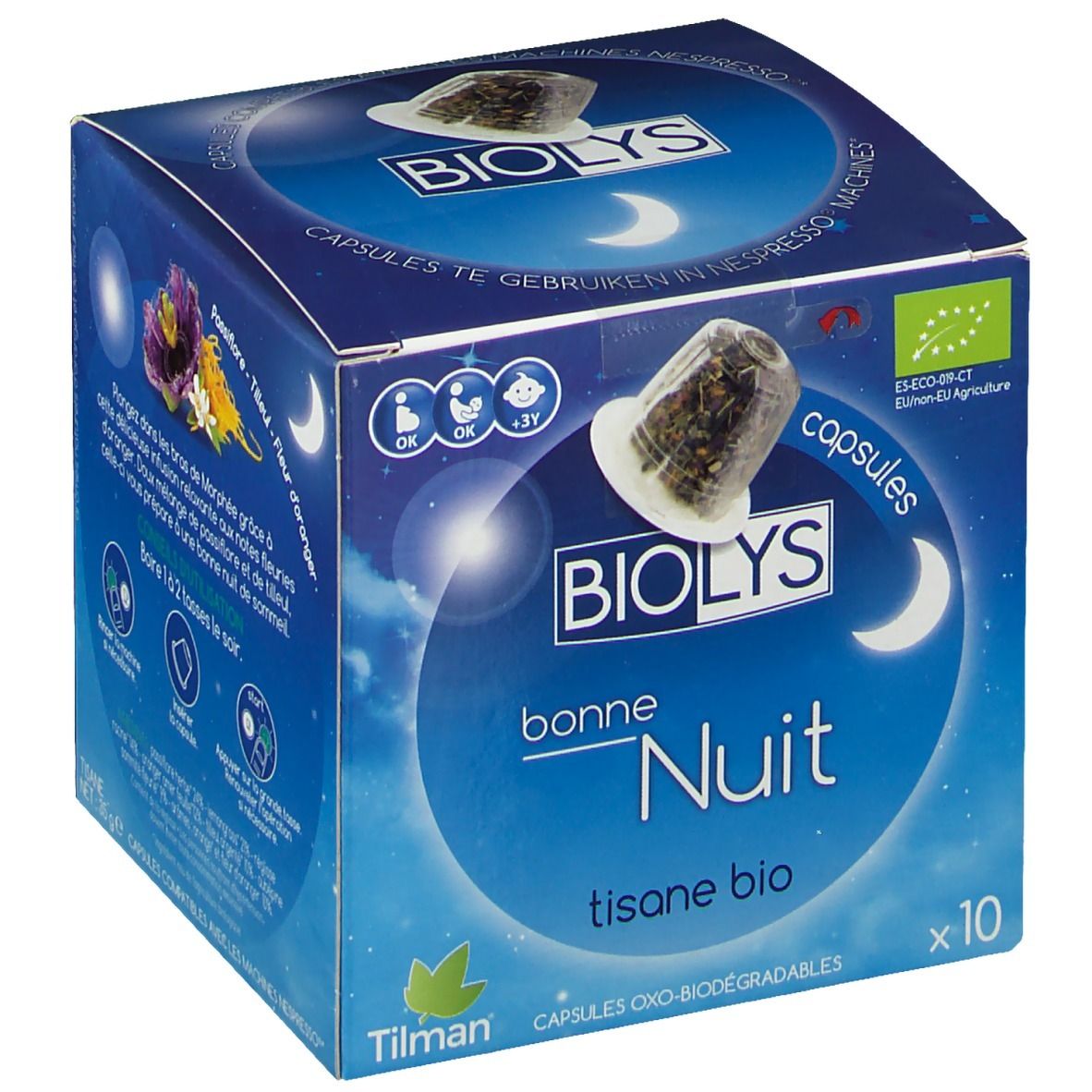 Boîte bleue et blanche de capsules de tisane bio Biolys Bonne Nuit. Contient 10 capsules. Label bio. Design lune et étoiles.