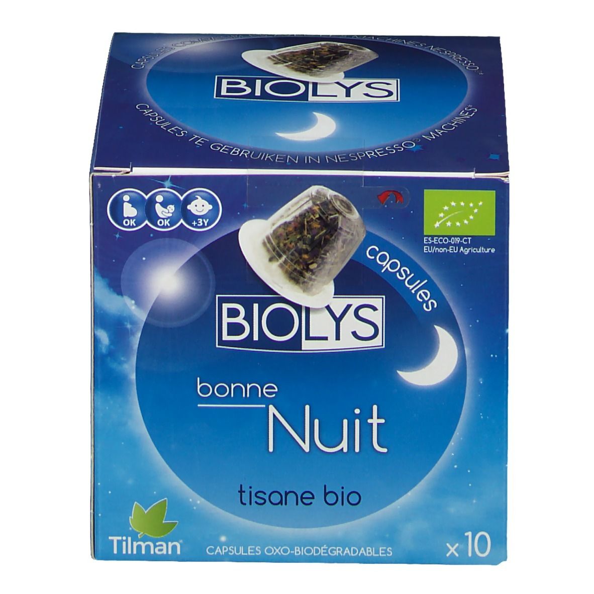 Boîte bleue de capsules de tisane bio Biolys Bonne Nuit. Contient 10 capsules. Label bio. Design lune et étoiles.