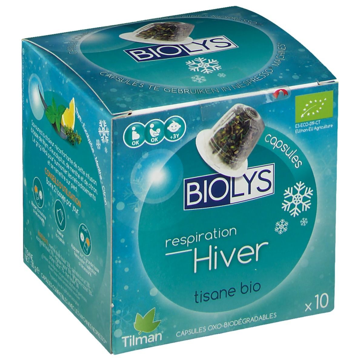 Boîte Biolys Invierno Bio. Inscription: Hiver, tisane bio, x10. Logo bio UE et image de capsule. Capsules oxo-biodégradables.