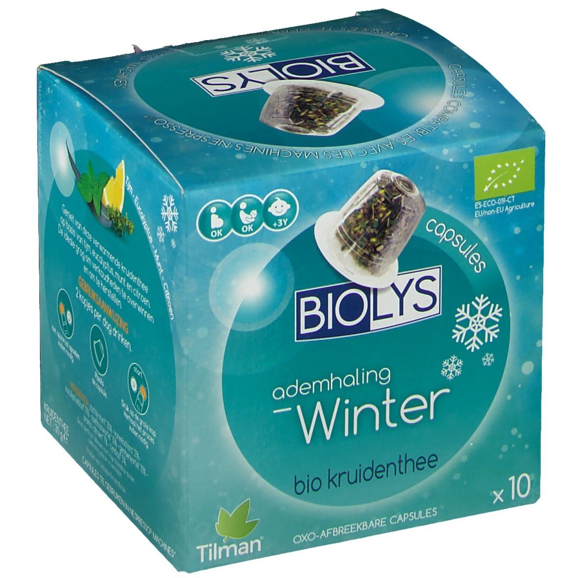 Boîte Biolys Winter Bio tisane. Inscription: Winter, bio kruidenthee, x10. Logo bio UE et image de capsule. Capsules oxo-dégradables.