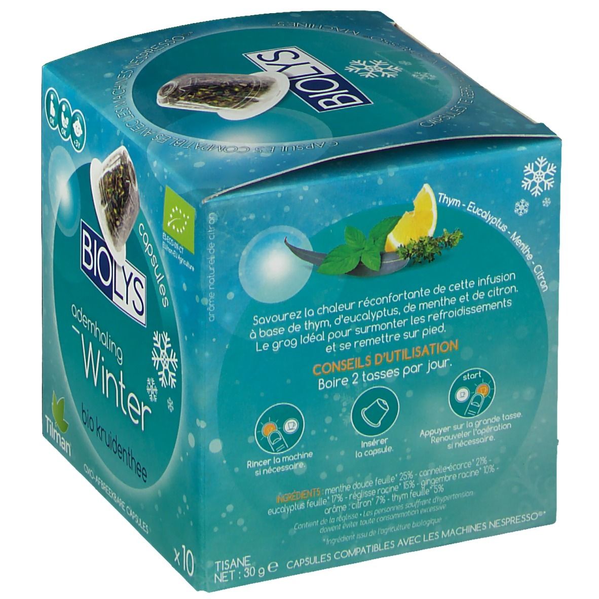 Boîte Biolys Winter Bio tisane. Inscription: Winter, bio kruidenthee, x10. Logo bio UE et image de capsule. Conseils d'utilisation.