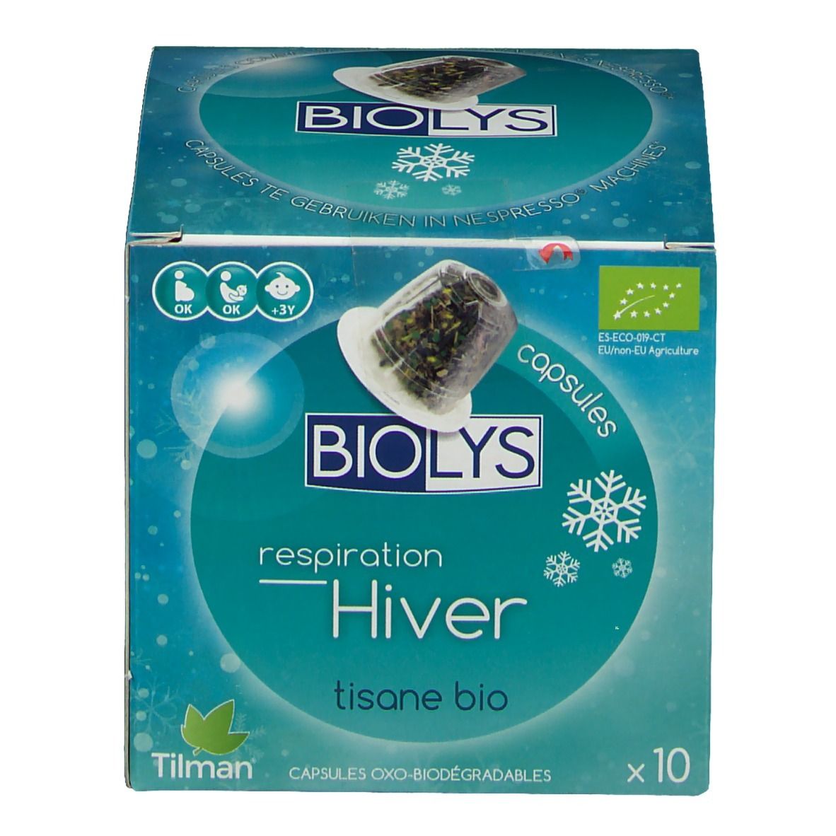 Boîte Biolys Invierno Bio. Inscription: Hiver, tisane bio, x10. Logo bio UE et image de capsule. Capsules oxo-biodégradables.