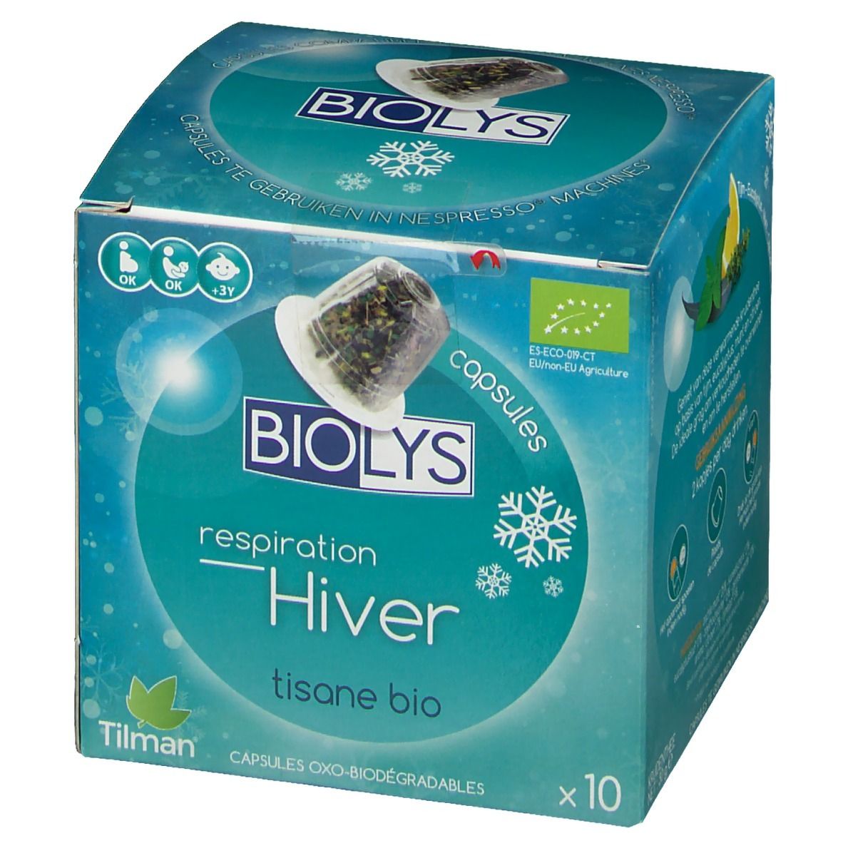 Boîte Biolys Invierno Bio. Inscription: Hiver, tisane bio, x10. Logo bio UE et image de capsule. Capsules oxo-biodégradables.