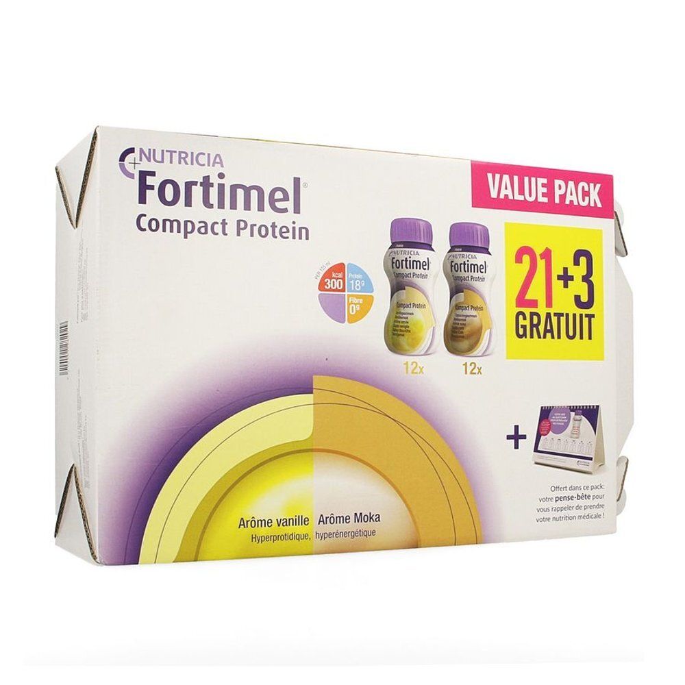 Boîte Fortimel Compact Protein. Contient 24 bouteilles, vanille et moka. Inscription : 21+3 GRATUIT. Marque Nutricia.