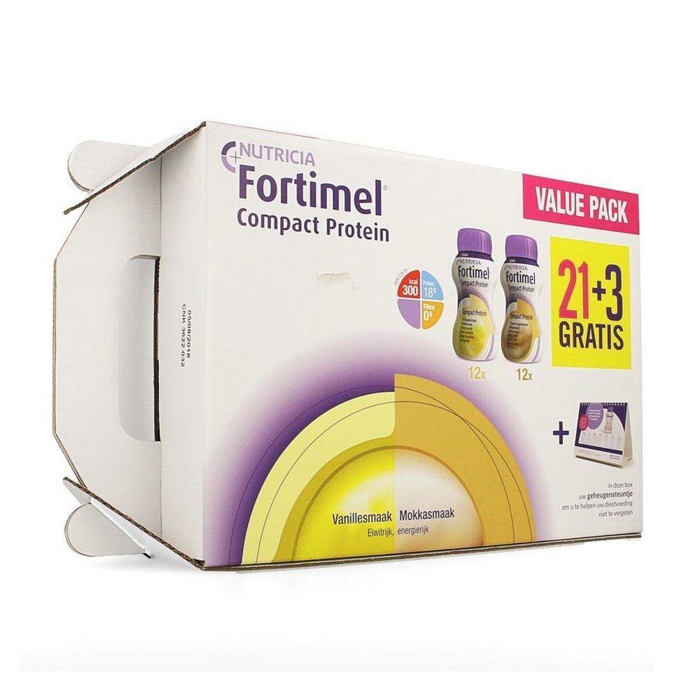Verpakking Fortimel Compact Protein. Bevat 24 flesjes, vanille en mokka. Opschrift: 21+3 GRATIS. Merk Nutricia.