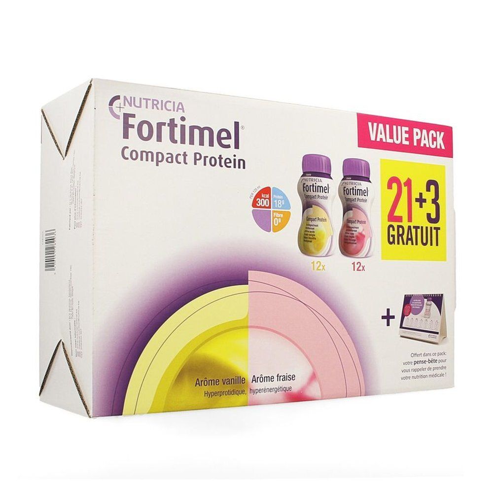 Boîte Fortimel Compact Protein. Contient 24 bouteilles, vanille et fraise. Inscription "21+3 GRATUIT".