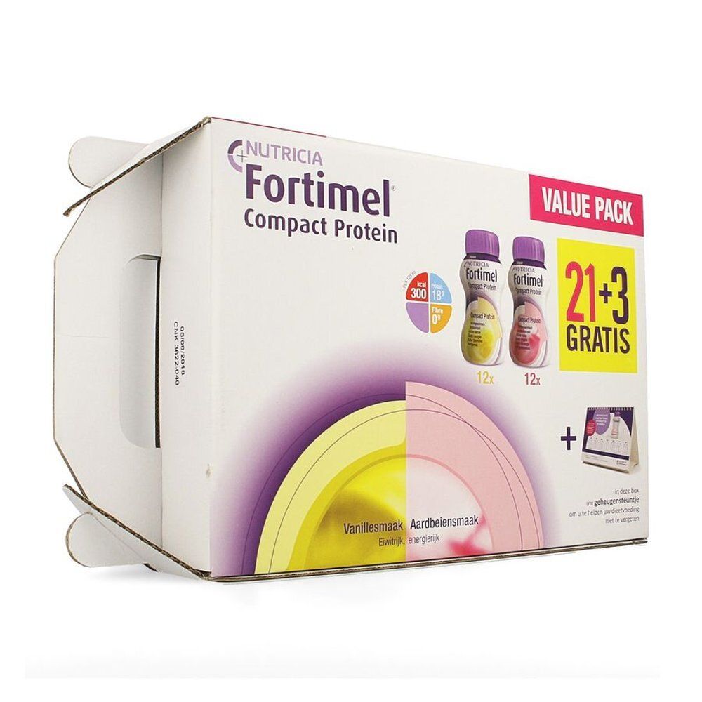 Verpakking Fortimel Compact Protein. Bevat 24 flesjes, vanille en aardbei. Opschrift "21+3 GRATIS".