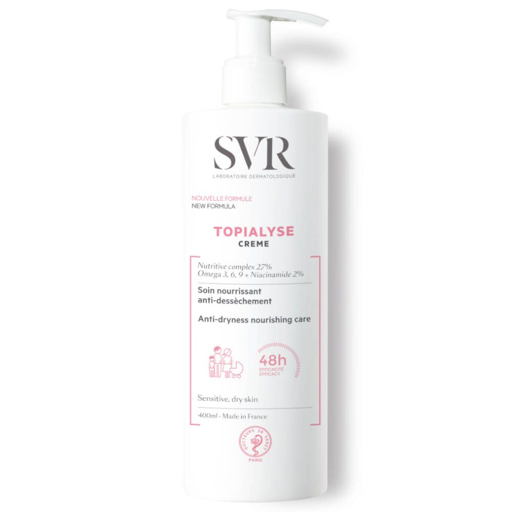 Flacon blanc de SVR TOPIALYSE Crème. Inscriptions : Crème, soin anti-dessèchement, 48h. Pour peaux sensibles et sèches.