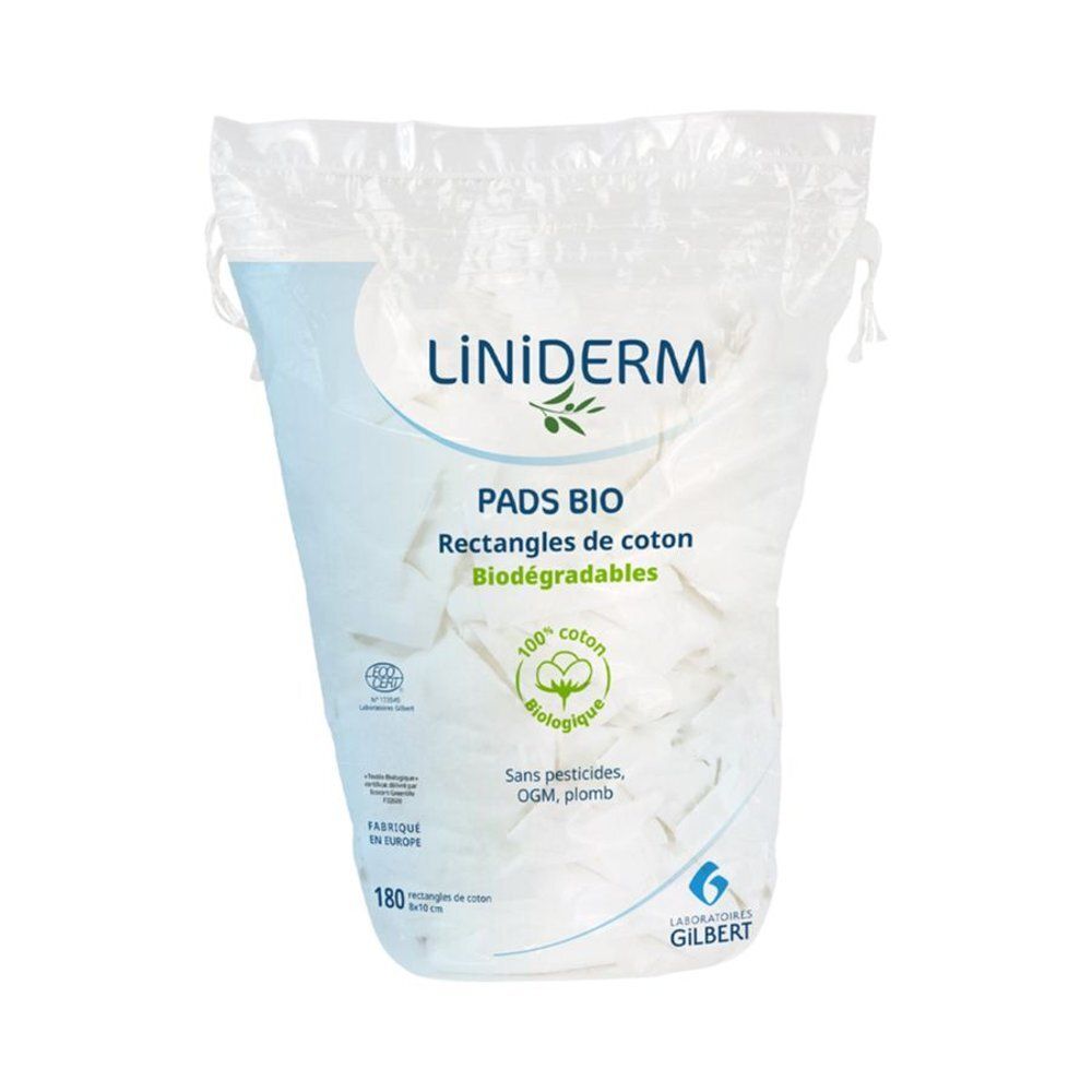 Verpakking met pads van bio-katoen. Rechthoekige vorm, biologisch afbreekbaar. Merk: Gilbert Laboratoires. 180 stuks.
