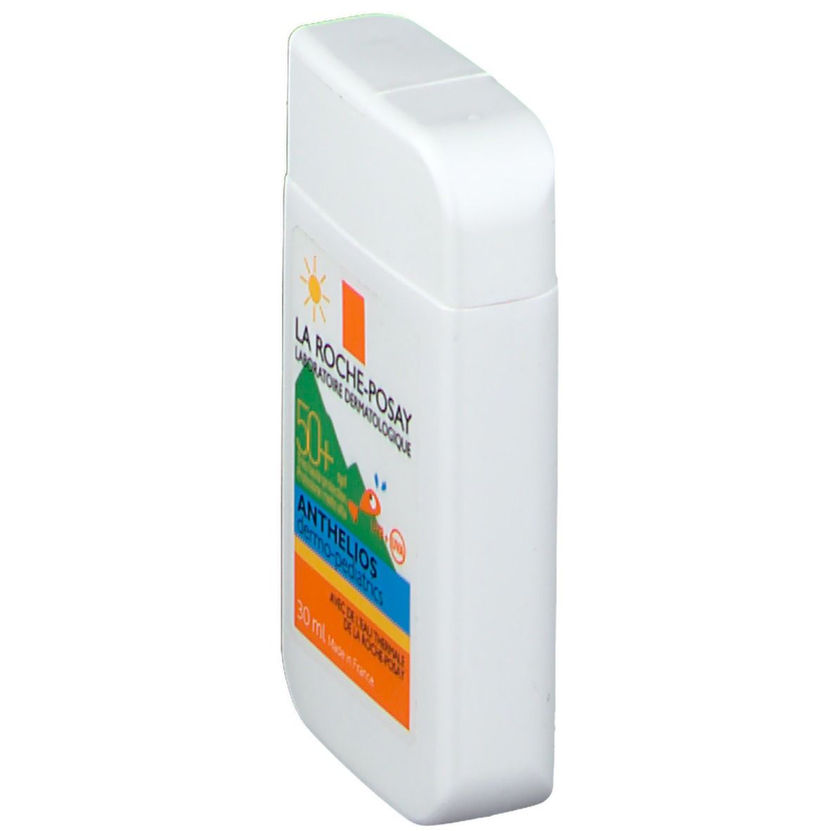Flacon blanc rectangulaire, capuchon arrondi. Inscriptions: La Roche-Posay, Anthelios Dermo-Pediatrics SPF50+. 30 ml.