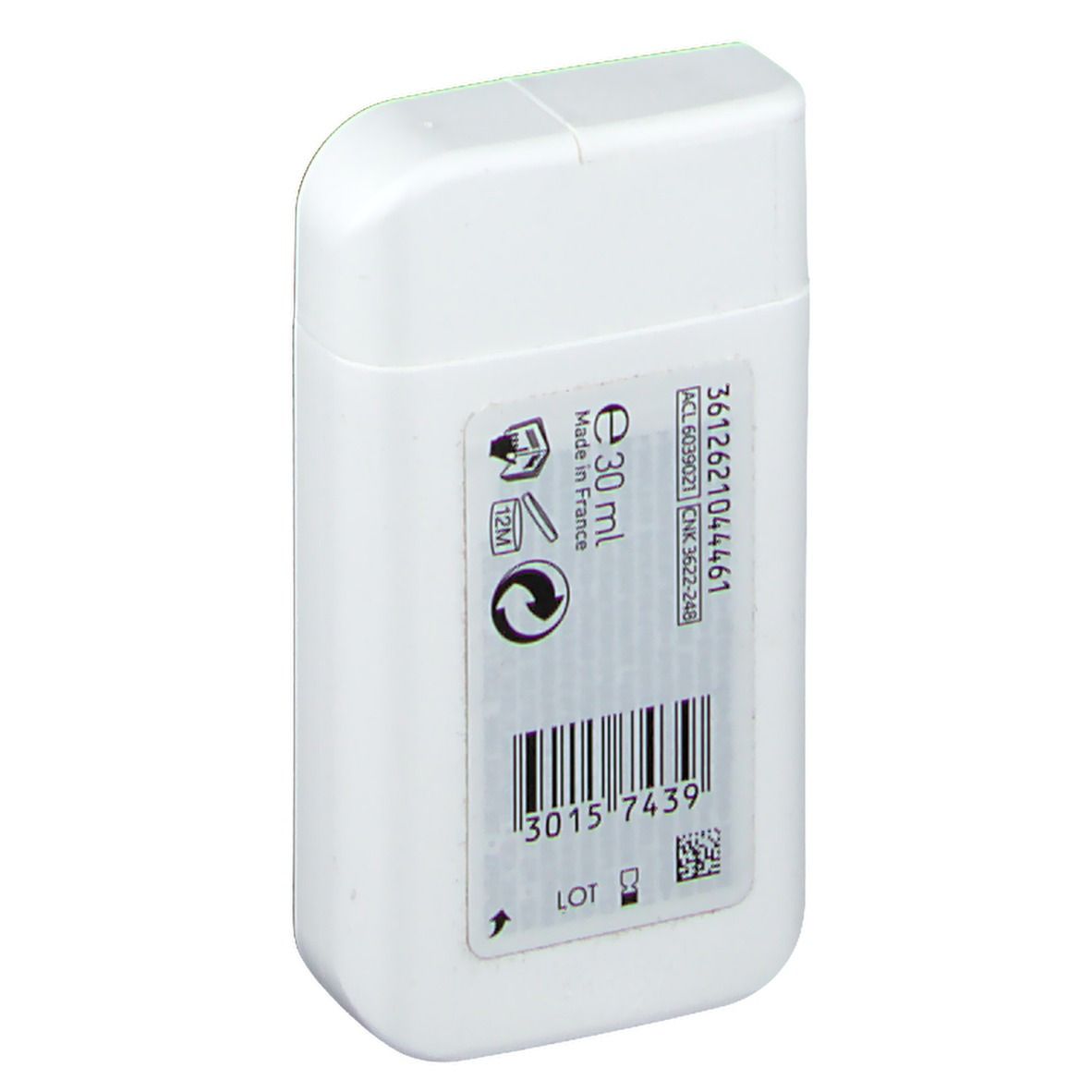 Flacon blanc rectangulaire, capuchon arrondi. Verso avec code-barres, numéro de lot et symboles. 30 ml.