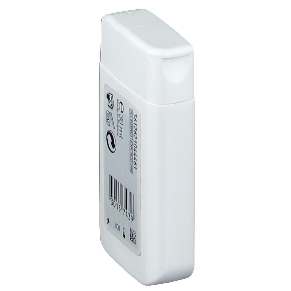 Flacon blanc rectangulaire, capuchon arrondi. Verso avec code-barres, numéro de lot et symboles. 30 ml.
