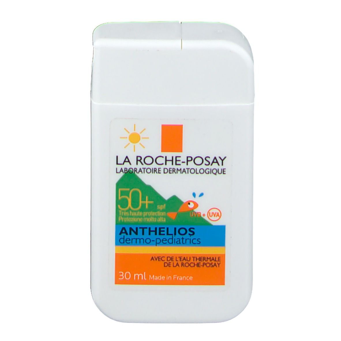Flacon blanc rectangulaire, capuchon arrondi. Inscriptions: La Roche-Posay, Anthelios Dermo-Pediatrics SPF50+. 30 ml.