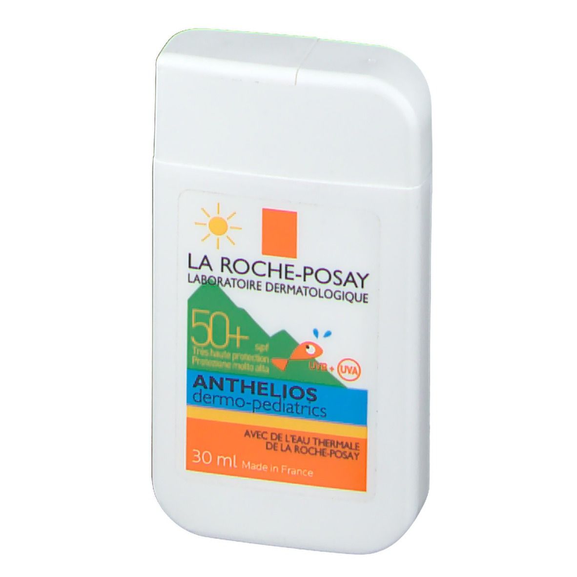 Flacon blanc rectangulaire, capuchon arrondi. Inscriptions: La Roche-Posay, Anthelios Dermo-Pediatrics SPF50+. 30 ml.