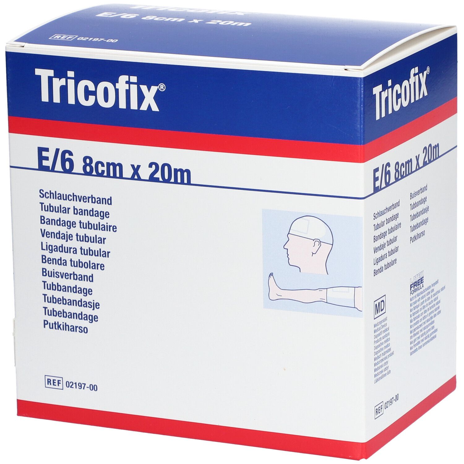 Tricofix® Gr. E, 8cm x 20m. Boîte d'emballage de bandage tubulaire. Box bleu et blanc avec nom et taille. Illustration d'un bandage tête et jambe.