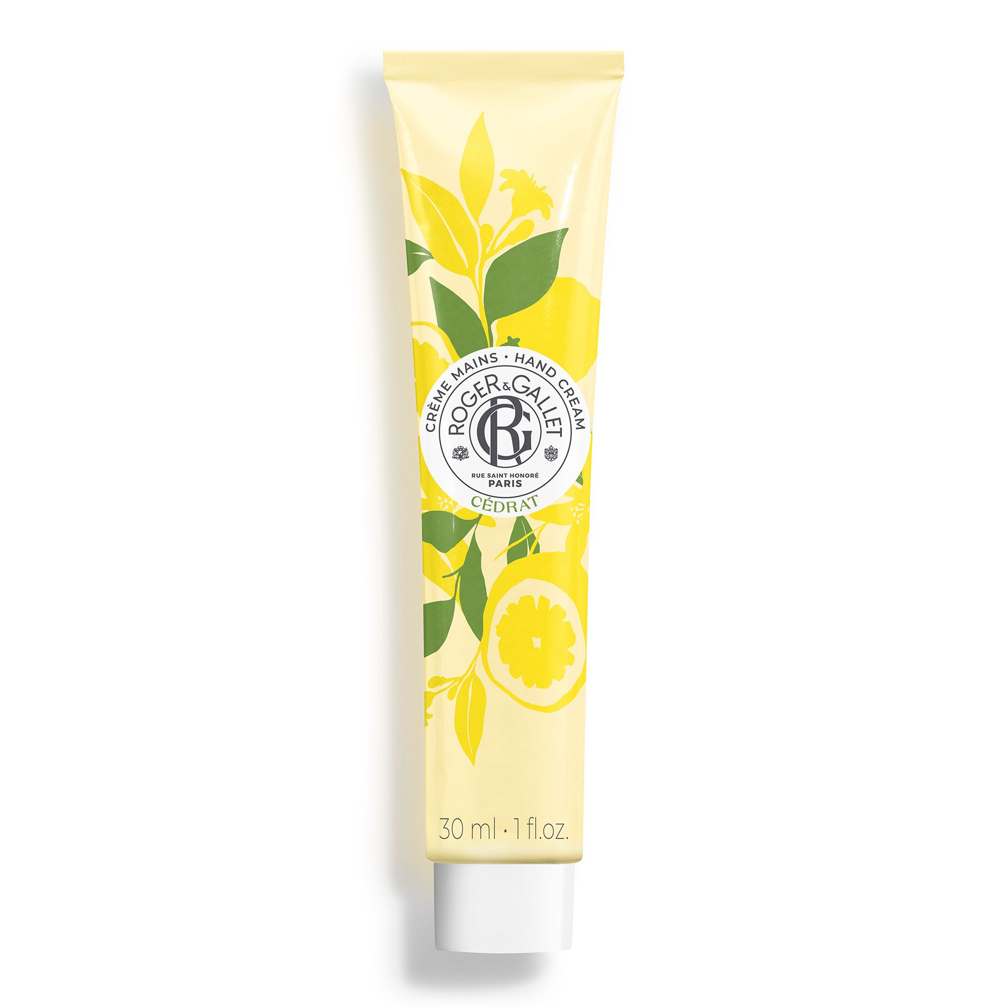 Tube de crème jaune avec motifs de feuilles vertes et citrons. Texte: Roger & Gallet, Cédrat, Crème Mains Hand Cream. 30 ml.