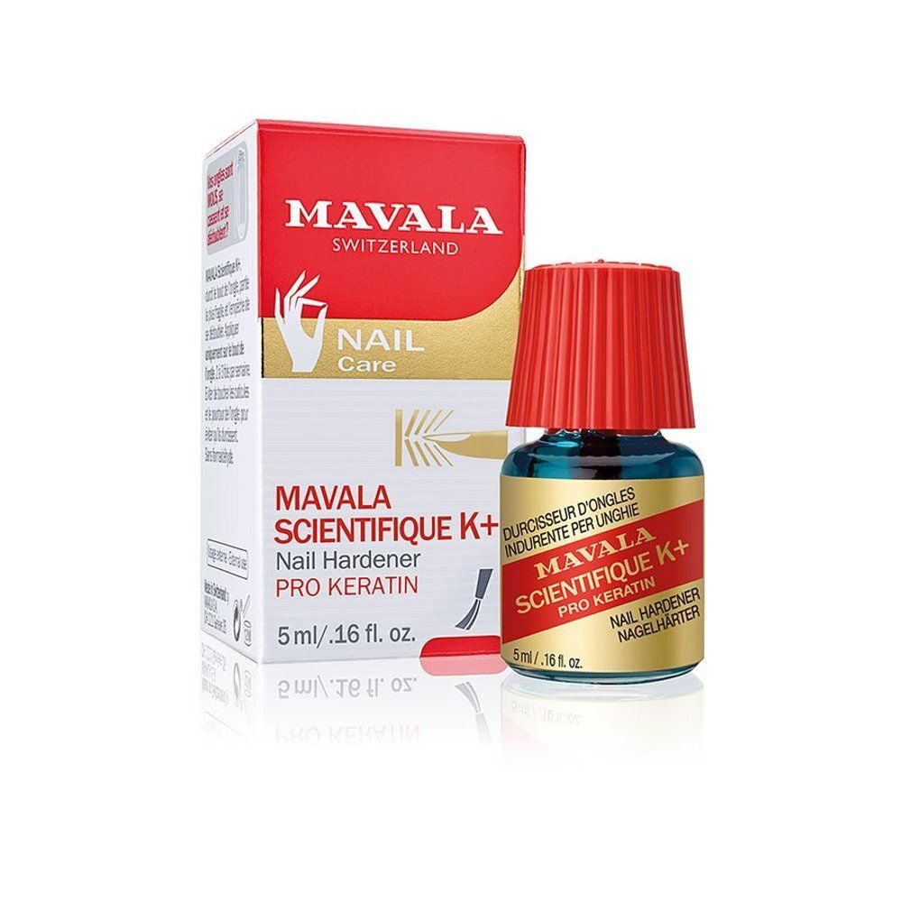 Flacon Mavala Scientifique K+ et emballage. Bouchon rouge, étiquette dorée. Emballage avec logo et nom du produit.