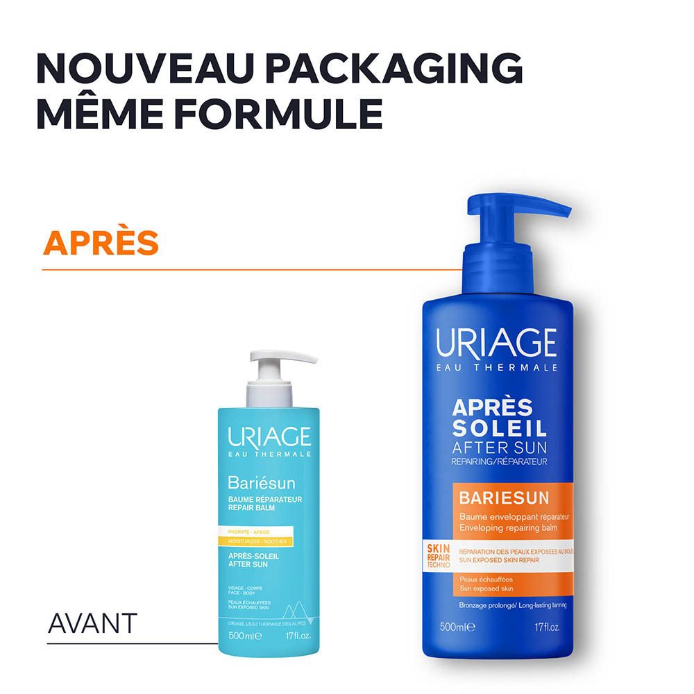 Produit Après Soleil, BARIÉSUN. Texte sur fond blanc. Avec pompe. 500 ml.