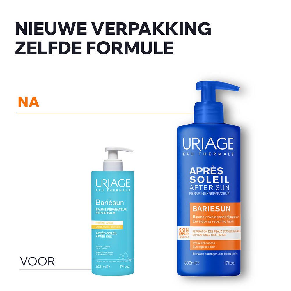 Product Après Soleil, BARIÉSUN. Tekst op witte achtergrond. Met pomp. 500 ml.