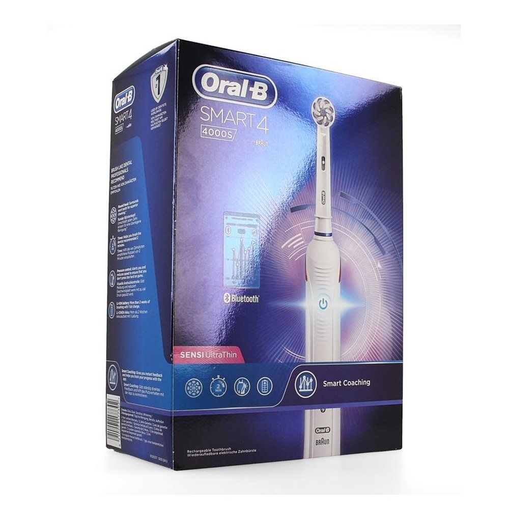Brosse à dents électrique dans son emballage. Marque Oral-B Smart 4000S. Brosse blanche avec détails bleus. Fonction Bluetooth.