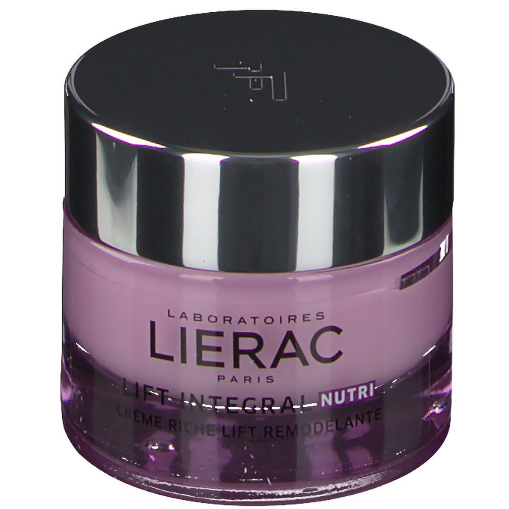 Crèmepot met zilveren deksel. Opschrift: LIERAC PARIS, LIFT INTEGRAL NUTRI. Crème riche lift remodelante.
