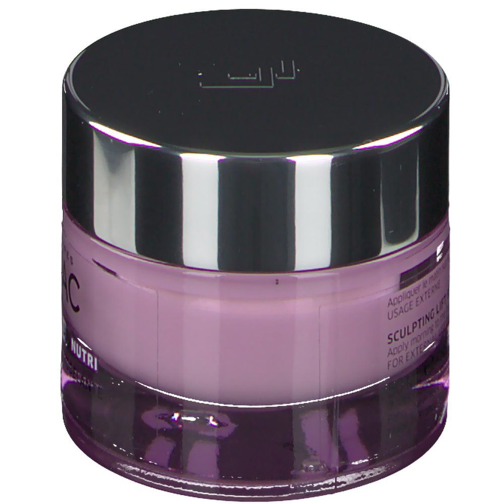 Crèmepot met zilveren deksel. Opschrift: SCULPTING LIFT RICH CREAM - NUTRI. Voor extern gebruik.