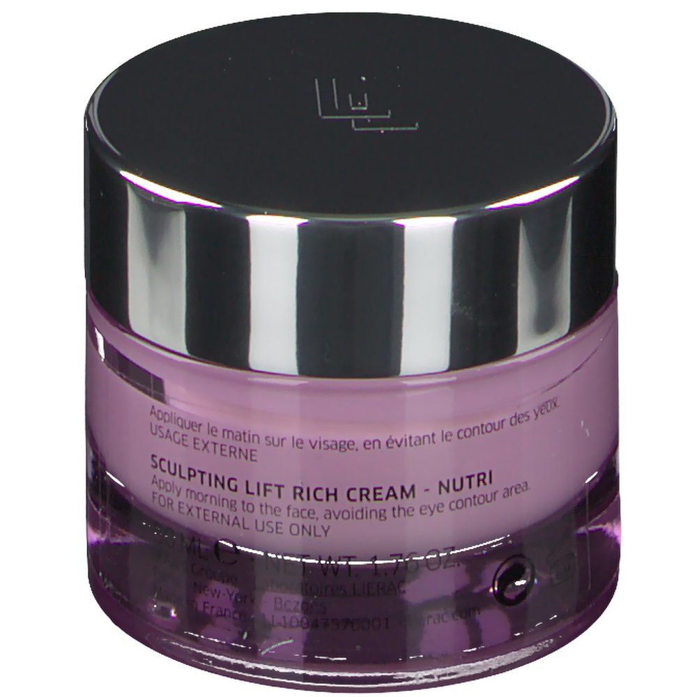 Crèmepot met zilveren deksel. Opschrift: SCULPTING LIFT RICH CREAM - NUTRI. Voor extern gebruik. 's Ochtends aanbrengen.