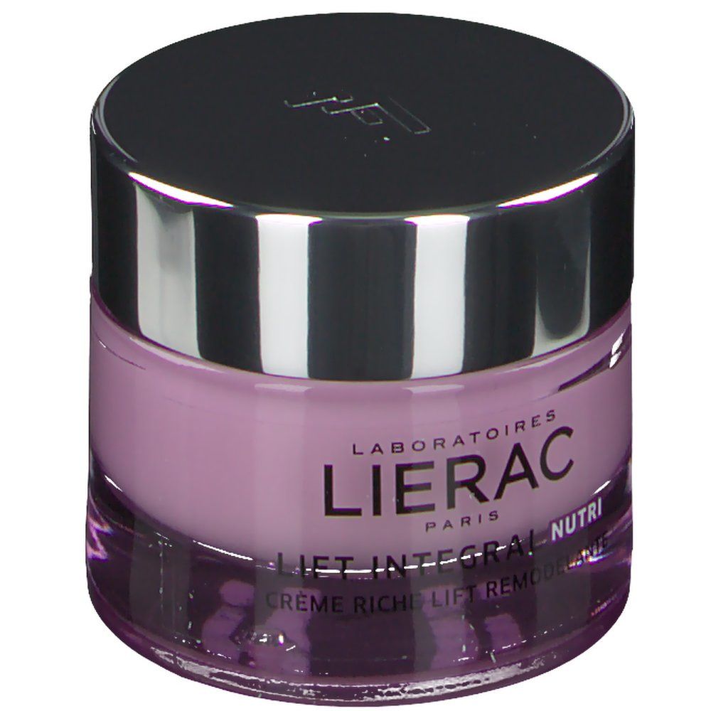 Crèmepot met zilveren deksel. Opschrift: LIERAC PARIS, LIFT INTEGRAL NUTRI. Crème riche lift remodelante.