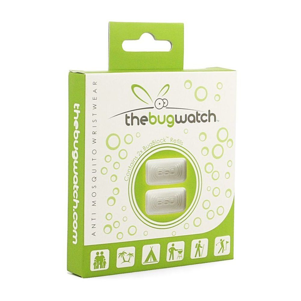Boîte de recharge pour bracelet anti-moustiques. Contient deux blocs blancs. Marque : thebugwatch. Inscription : Anti Mosquito Wristwear.