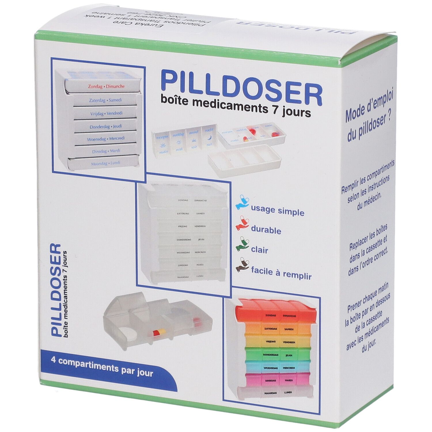 Verpakking voor een 7-daagse medicijndoos. Bevat afbeeldingen van de doos en de componenten. Tekst in het Frans.