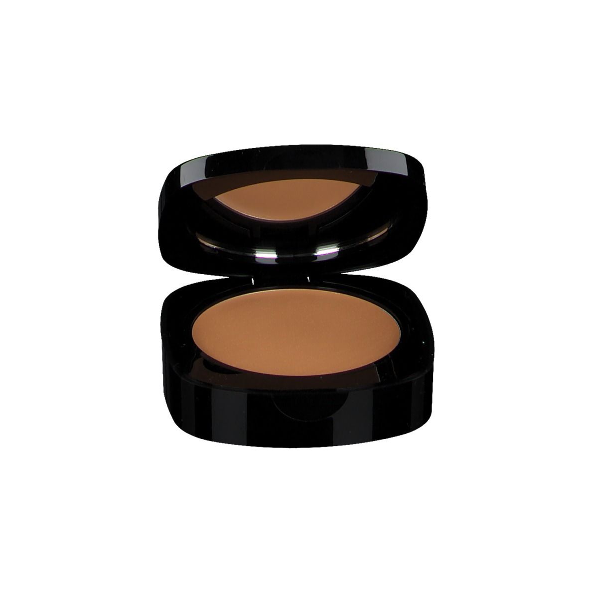 Boîtier de maquillage compact noir ouvert avec maquillage brun et miroir dans le couvercle.