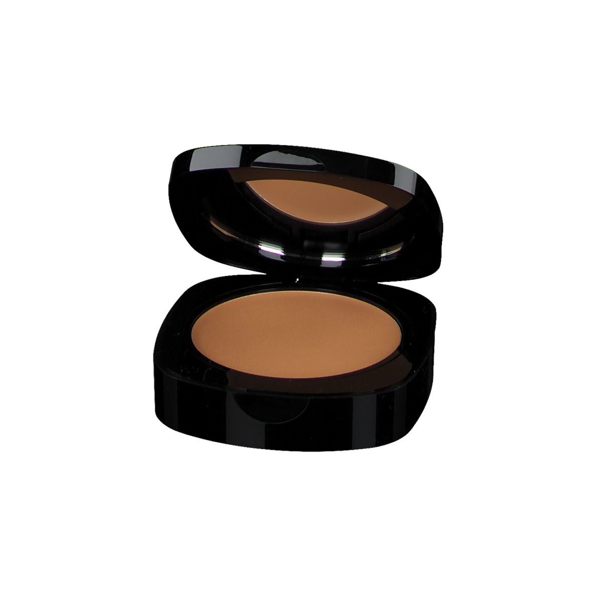 Boîtier de maquillage compact noir ouvert avec maquillage brun et miroir dans le couvercle.