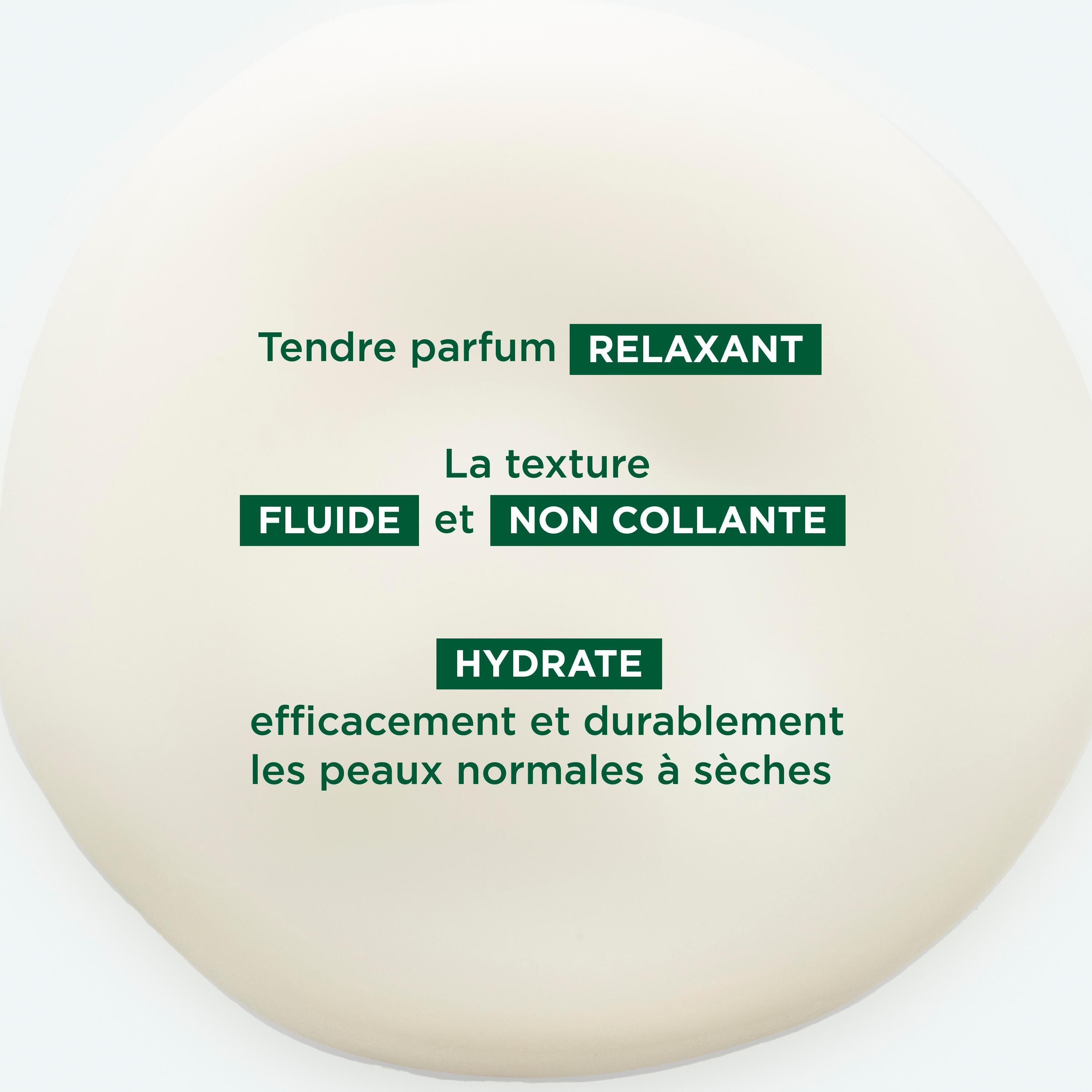 Close-up van de crème. Tekst: Tendre parfum relaxant, La texture fluide et non collante, Hydrate.