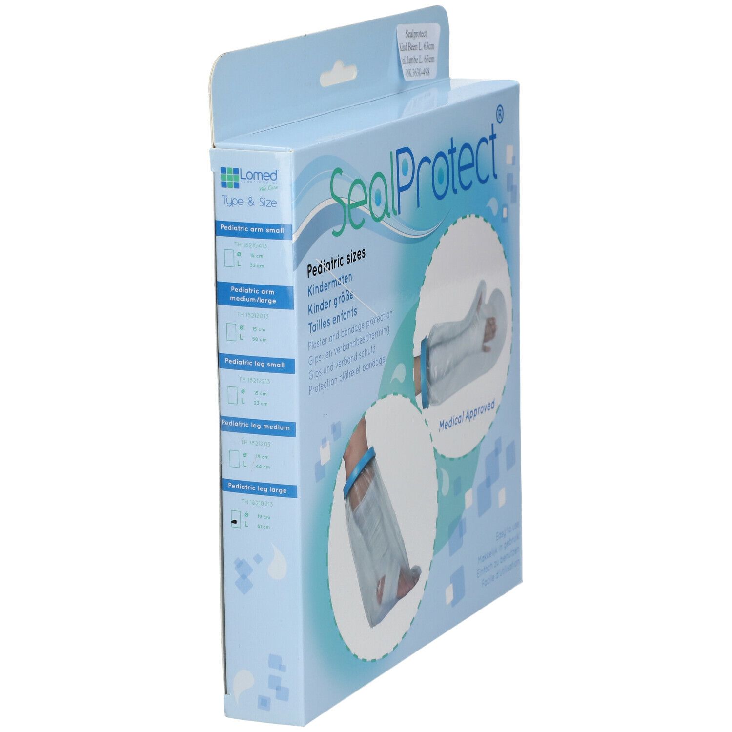 Emballage bleu clair. Logo SealProtect. Tailles enfants. Protection plâtre et bandage. Approuvé médicalement.