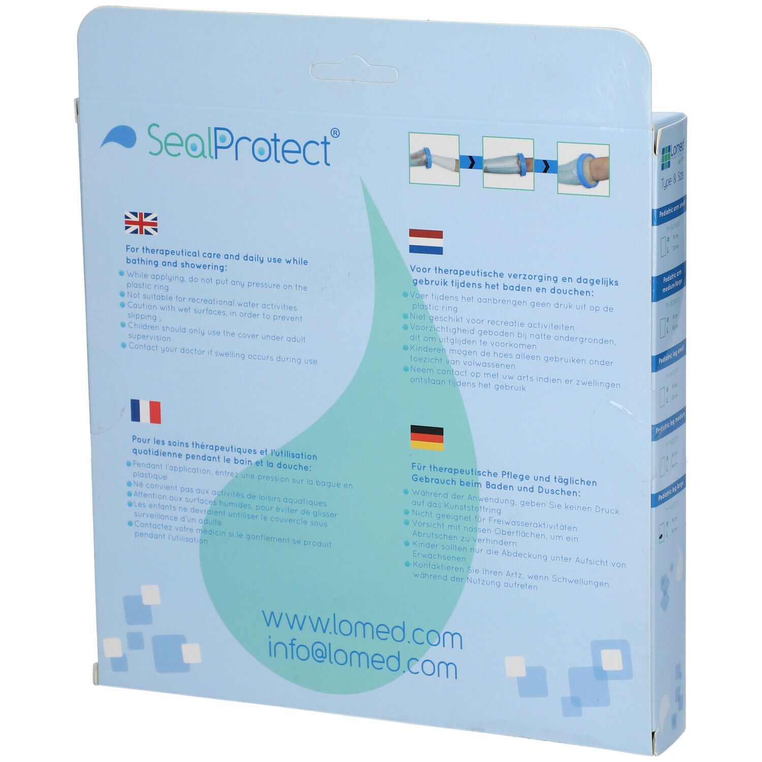 Dos de l'emballage. Texte SealProtect. Informations en anglais, néerlandais, français et allemand. Coordonnées.