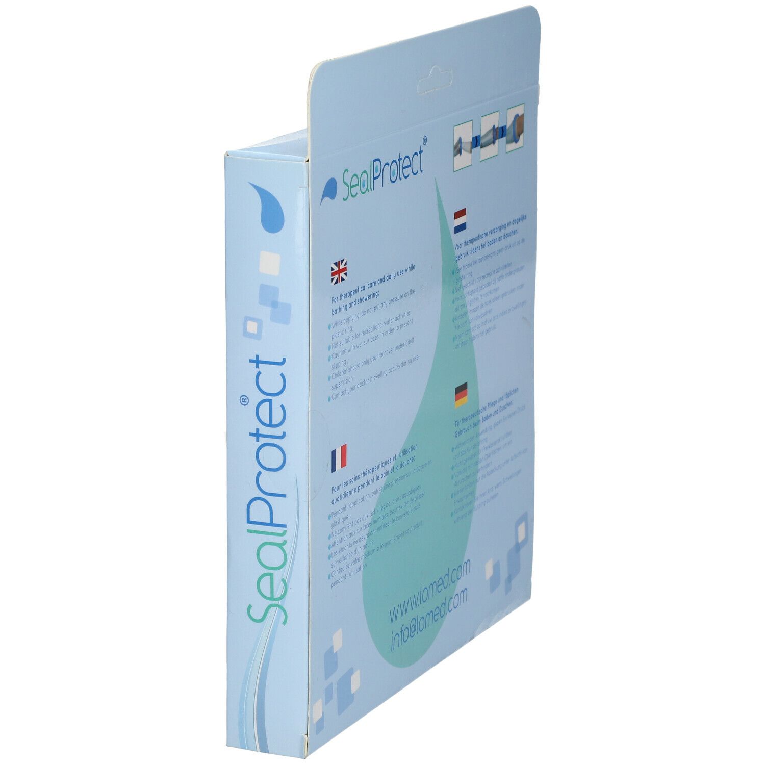 Vue latérale de l'emballage. Logo SealProtect. Informations en anglais, néerlandais, français et allemand. Coordonnées.