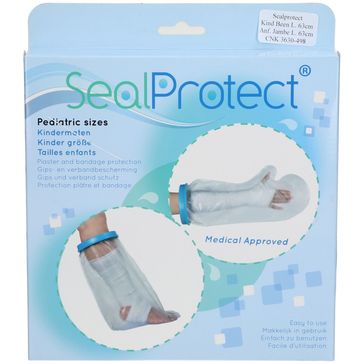 Emballage SealProtect. Protection plâtre et bandage. Tailles enfants. Images du produit. Approuvé médicalement.
