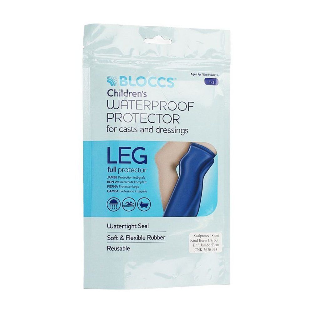 Verpakking met waterdichte beenbeschermer voor kinderen. Merk BLOCCS. Blauwe beenbeschermer. Voor gips en verband.