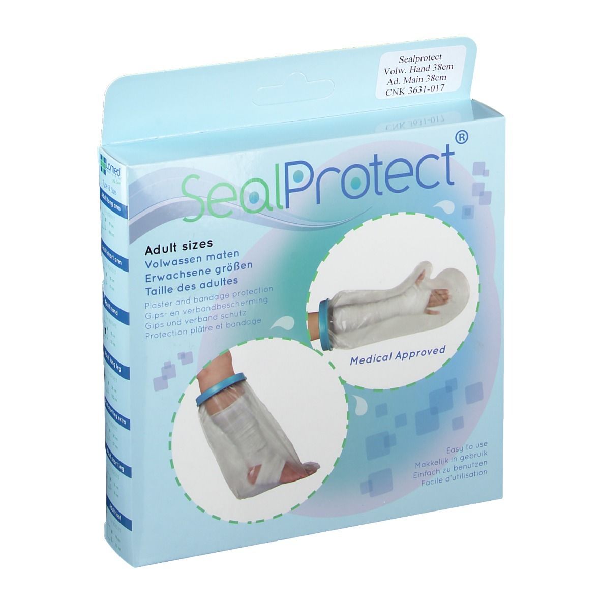 Emballage de Sealprotect Cubierta Protectiva Adulto Mano 38 cm. Images du produit et nom. Approuvé médicalement.