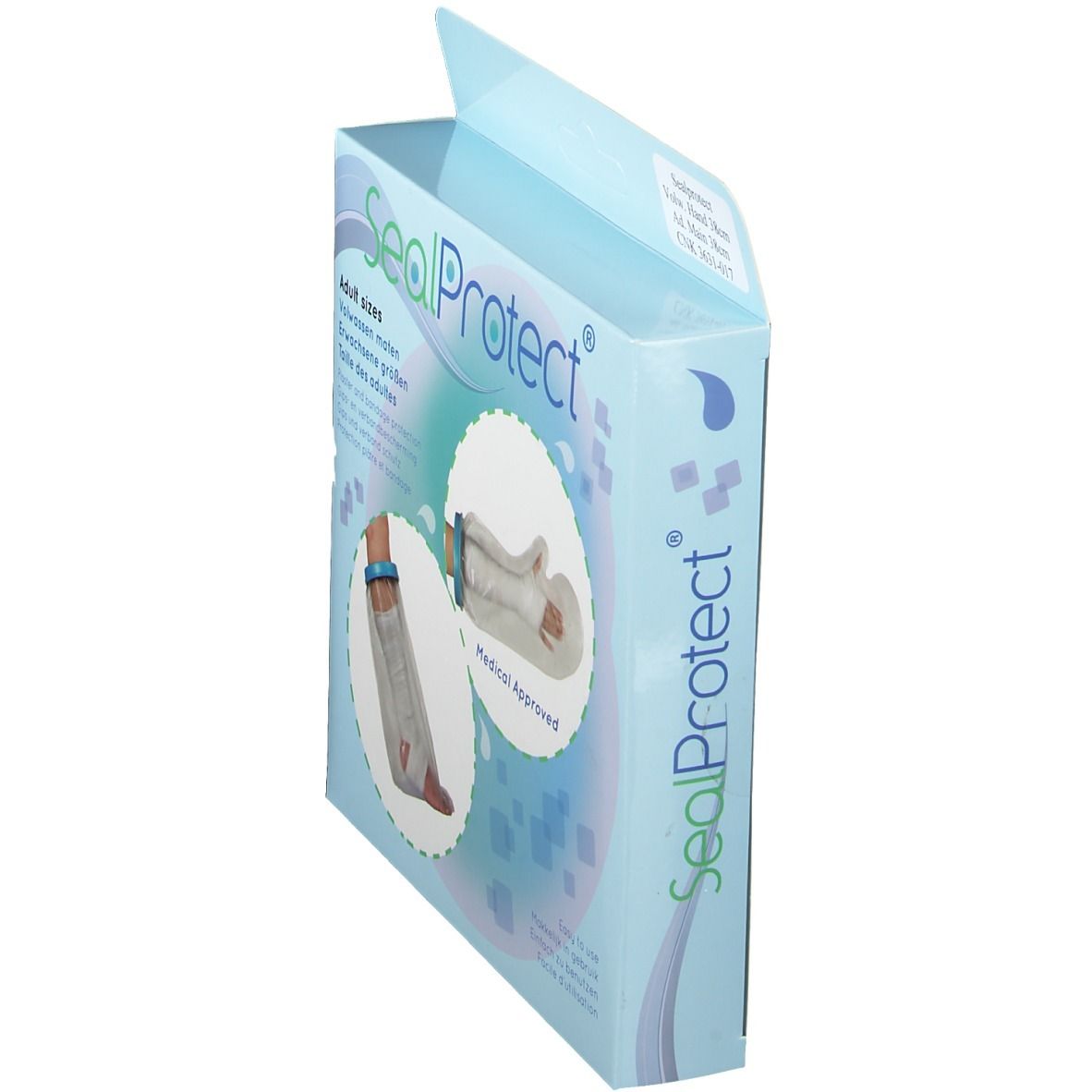 Vue latérale de l'emballage Sealprotect Cubierta Protectiva Adulto Mano 38 cm. Nom et logo du produit. Approuvé médicalement.