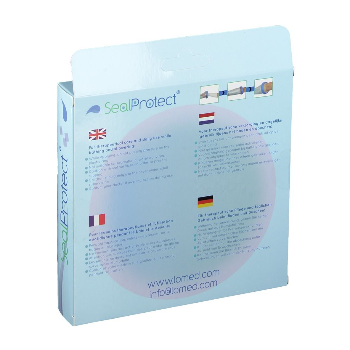 Dos de l'emballage Sealprotect Cubierta Protectiva Adulto Mano 38 cm. Texte multilingue. Logo et adresse du site web.