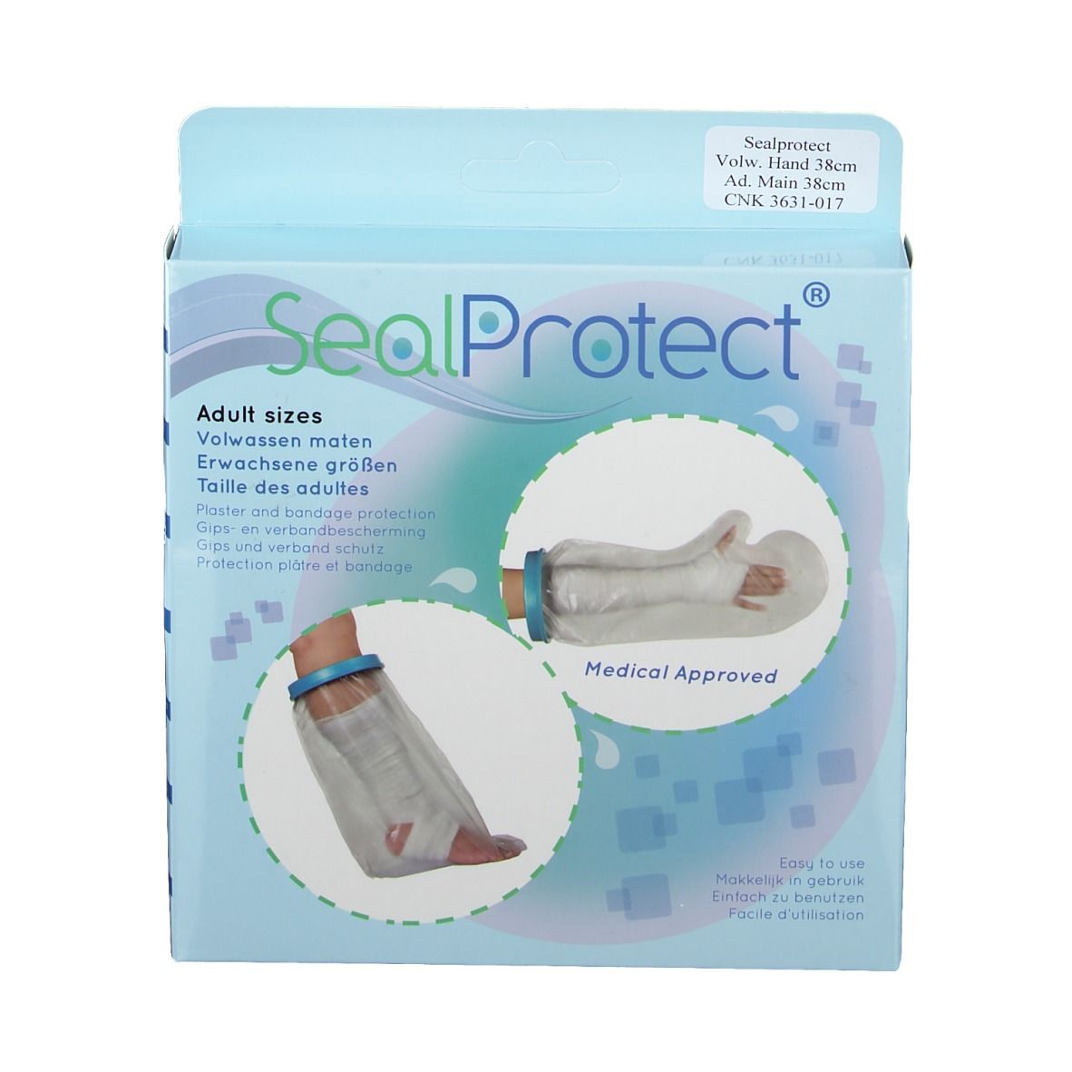 Vue de face de l'emballage Sealprotect Cubierta Protectiva Adulto Mano 38 cm. Nom du produit et illustrations. Approuvé médicalement.